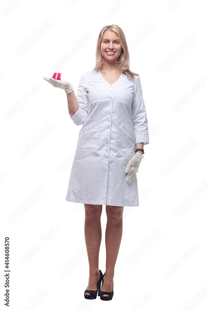 smiling medical woman with a laboratory flask .