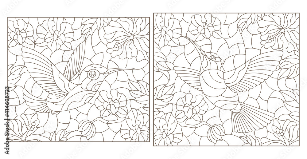 Set of contour illustrations of stained glass Windows with Hummingbird birds and flowers, dark outlines on a white background, rectangular images