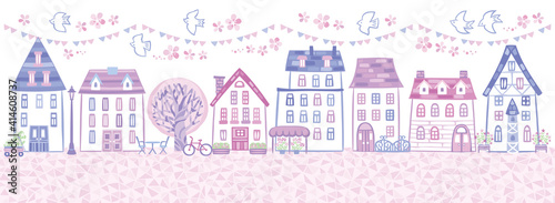 春の桜の家の街並み