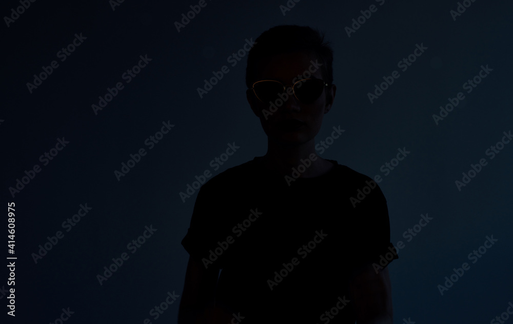 Woman with short hair dark glasses elegant style hairdresser gray background Woman with short hair dark glasses elegant style hairdresser gray background