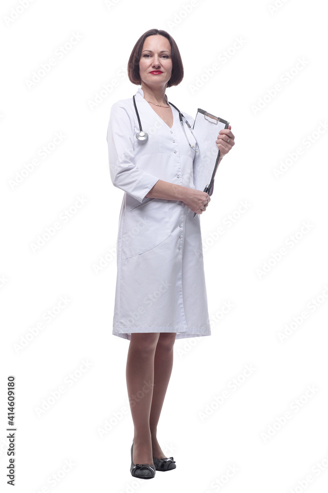 friendly female doctor with clipboard looking at you . friendly female doctor with clipboard looking at you .