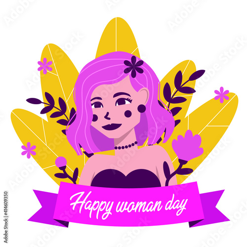 March 8, International Women's Day. Pin-up happy pink hair girl with sample text and flowers. Vector illustration