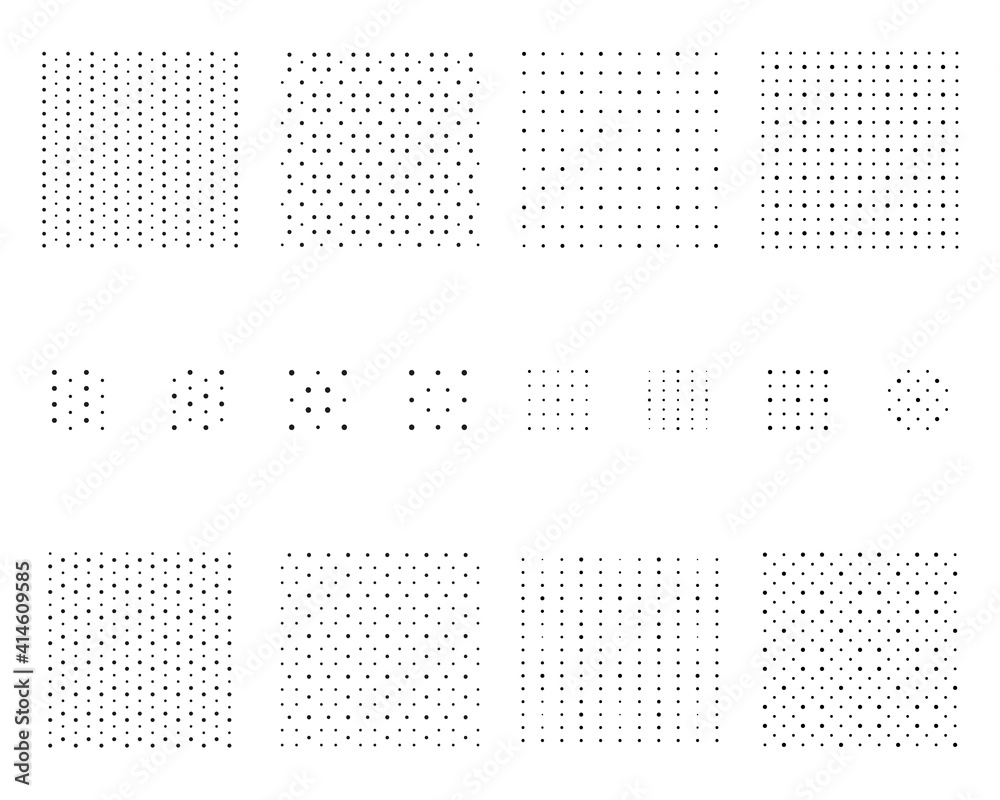 Set of 8 halftone dots swatches pattern templates. Monochrome random texture isolated on white background. Created using AI CS6.