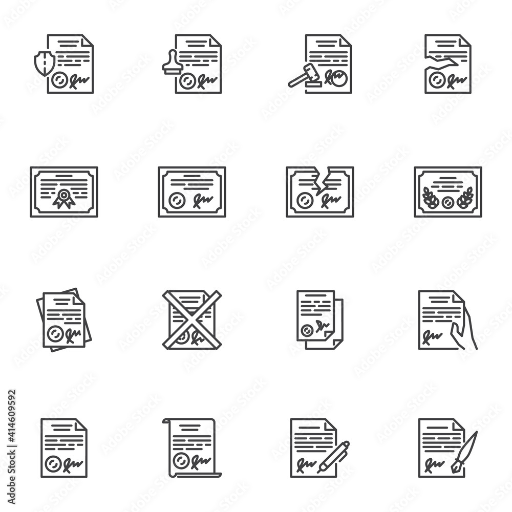 Legal documents line icons set, outline vector symbol collection, linear style pictogram pack. Signs, logo illustration. Set includes icons as quality certificate, contract document, license stamp Legal documents line icons set, outline vector symbol collection, linear style pictogram pack. Signs, logo illustration. Set includes icons as quality certificate, contract document, license stamp