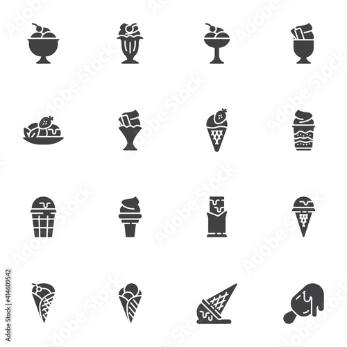 Ice cream menu vector icons set, modern solid symbol collection, filled style pictogram pack. Signs, logo illustration. Set includes icons as sundae, parfait sorbet, waffle ice cream cone
