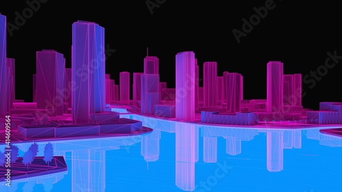 Conceptual 3d illustration of a night city with lighting from glowing water. 3d rendering.