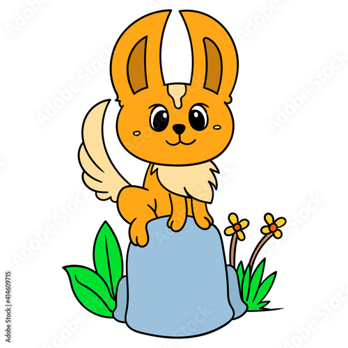 cute fox standing on the stone, doodle icon image kawaii