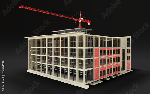 Fototapeta Naklejka Na Ścianę i Meble -  Building under construction 3D model with a construction crane on a black background. 3d rendering.