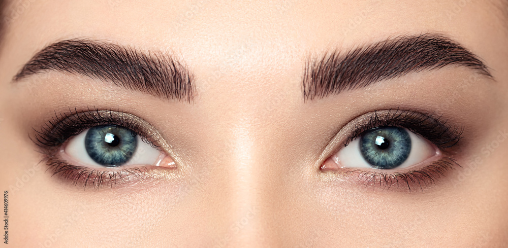 Naklejka premium Female Eye with Extreme Long False Eyelashes. Eyelash Extensions. Makeup, Cosmetics, Beauty. Close up, Macro