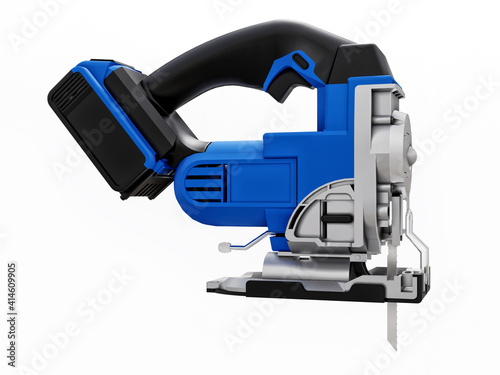 The tool is a blue electric jigsaw on a white isolated background. 3d rendering.