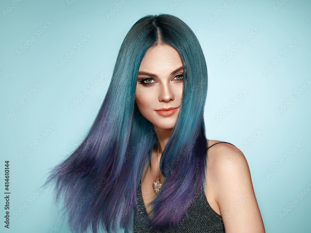 Beauty Fashion Model Girl with Colorful Dyed Hair. Girl with Perfect Makeup and Hairstyle. Model with Perfect Healthy Dyed Hair - obrazy, fototapety, plakaty 