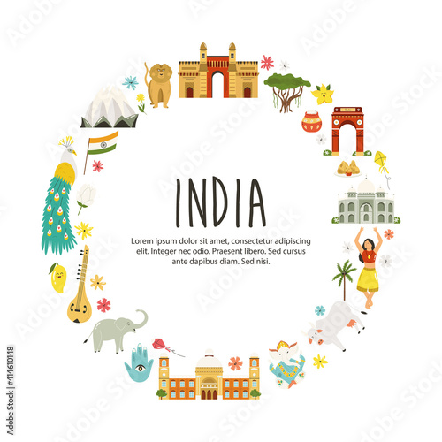 Travel poster with famous destinations and landmarks of India