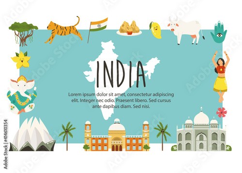 Travel poster with famous destinations and landmarks of India