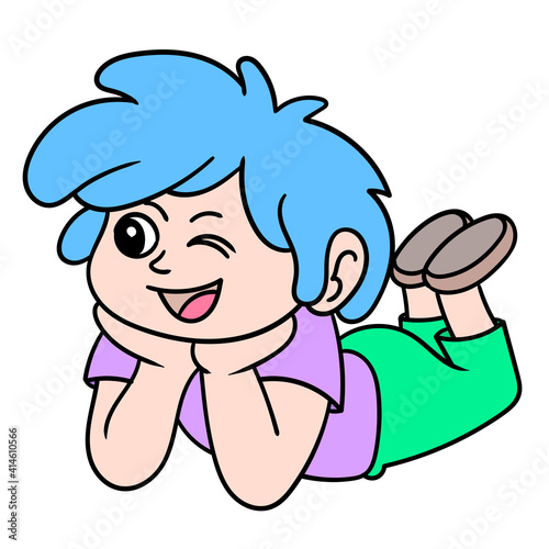 a girl on her stomach with a cute face, doodle icon image kawaii