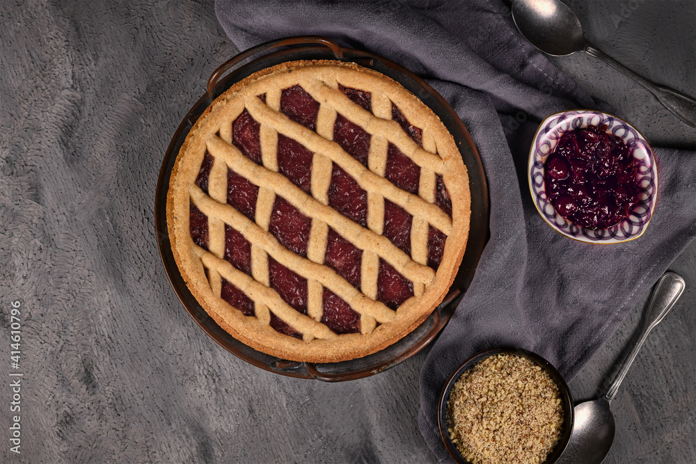 Top view of homemade pie called 'Linzer Torte', a traditional Austrian ...