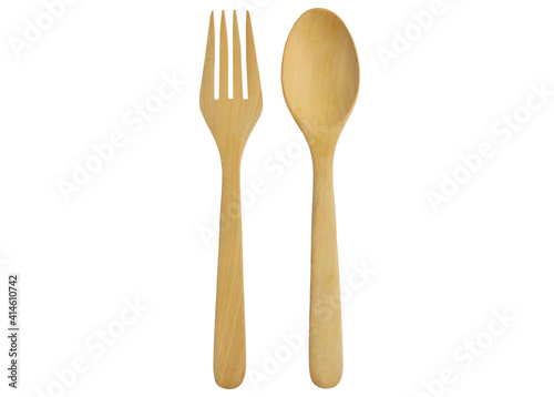 Wooden spoon and fork on white background with clipping path.