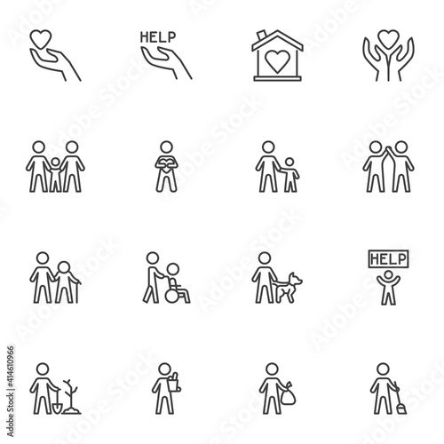 Volunteering and charity line icons set, outline vector symbol collection, linear style pictogram pack. Signs, logo illustration. Set includes icons as family relationship, friendship togetherness
