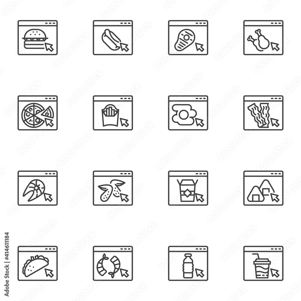 Online food ordering line icons set, outline vector symbol collection, linear style pictogram pack. Signs, logo illustration. Set includes icons as fast food website, take away restaurant menu
