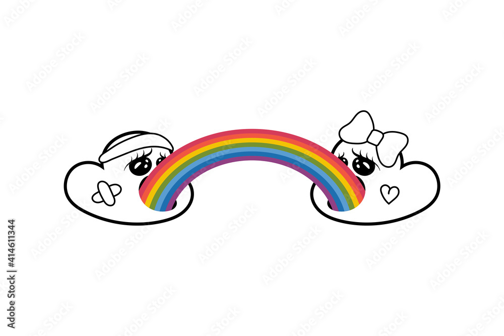 Two cute kawaii boy and girl clouds puke rainbow. Coloring book page. Cartoon cloud on white background. Vector illustration Two cute kawaii boy and girl clouds puke rainbow. Coloring book page. Cartoon cloud on white background. Vector illustration