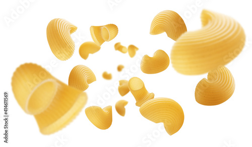 Italian pasta levitating on a white background