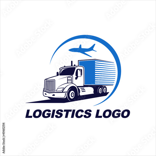 illustration of a trailer truck and airplane, icon template for logistics services.