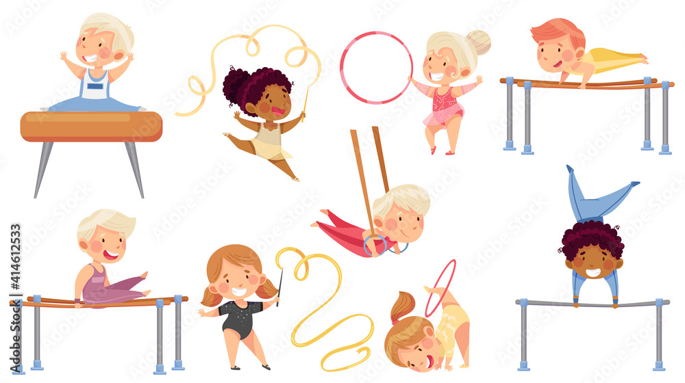 Little Boy and Girl Doing Gymnastics with Pommel Horse and Parallel