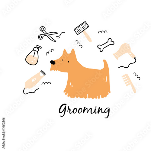 Cute puppy dog pet grooming. Cartoon dog character illustration for animal hair grooming salon logo, banner design. Pet care concept.