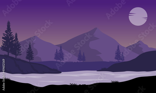 Fototapeta Naklejka Na Ścianę i Meble -  Natural scenery and a beautiful full moon at night on the riverbank. Vector illustration
