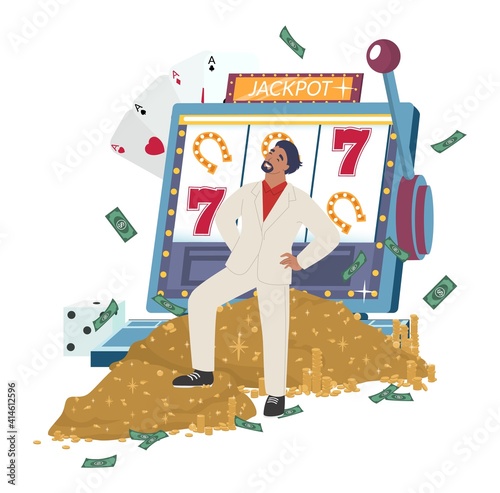 Happy gambler male character standing on cash money pile in front of slot machine, flat vector illustration. Lucky rich man casino game winner.