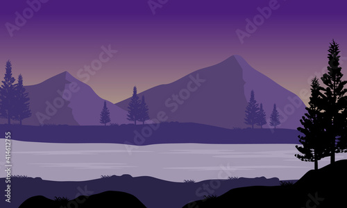 Fototapeta Naklejka Na Ścianę i Meble -  Amazing night view from the river bank with mountains and trees. Vector illustration