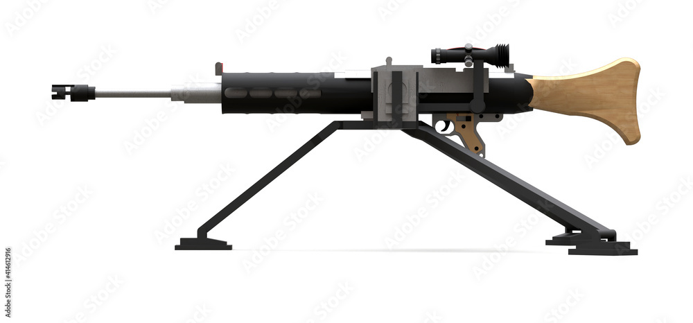 Large machine gun on a tripod with a full cassette ammunition on a white background. 3d ilustration.