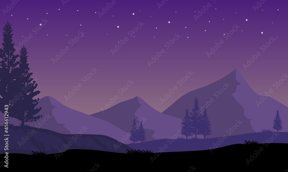 The beauty of the dark starry sky with night mountain views on the edge of the city. Vector illustration
