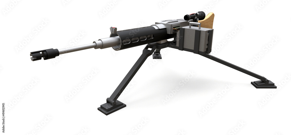 Large machine gun on a tripod with a full cassette ammunition on a white background. 3d ilustration. Large machine gun on a tripod with a full cassette ammunition on a white background. 3d ilustration.