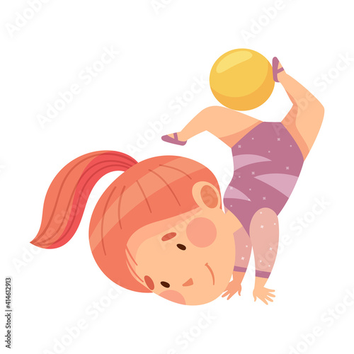 Little Girl Doing Artistic Gymnastics Somersaulting with Ball Vector Illustration
