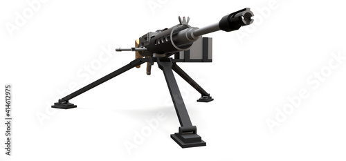 Large machine gun on a tripod with a full cassette ammunition on a white background. 3d ilustration.