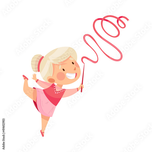 Cute Girl Doing Artistic Gymnastics with Ribbon Vector Illustration