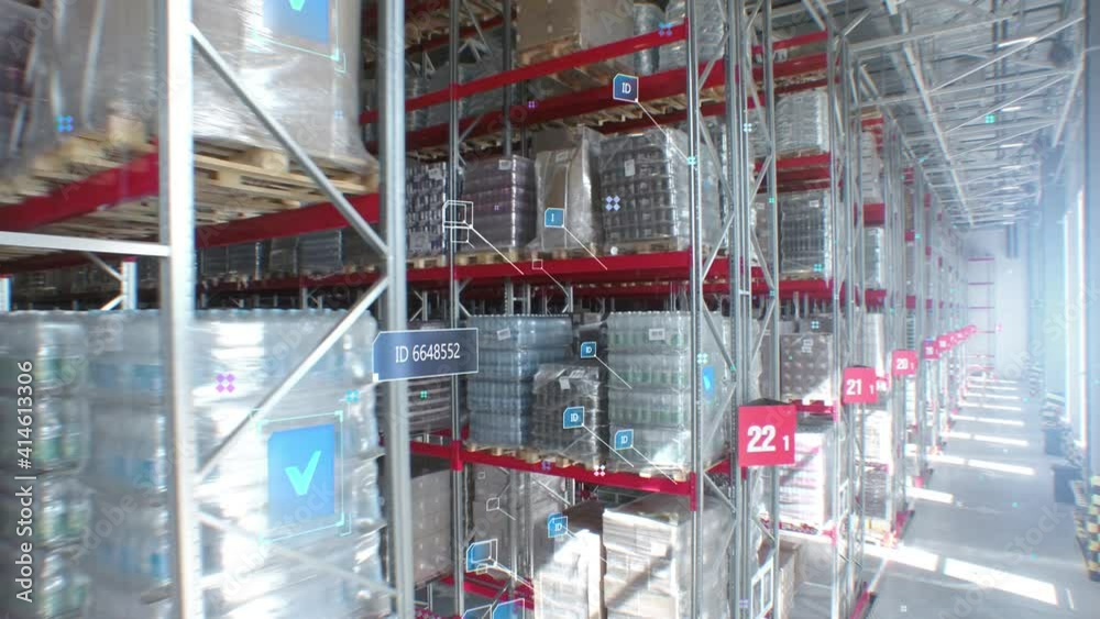 Concept of automation and digitalization of warehouse. A flying near of product rows with infographics and digital product identification. Logistics of goods and digital warehouse shop model.