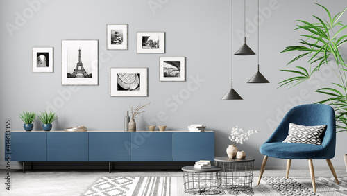 Foto Interior design of living room with blue sideboard and armchair, modern home 3d