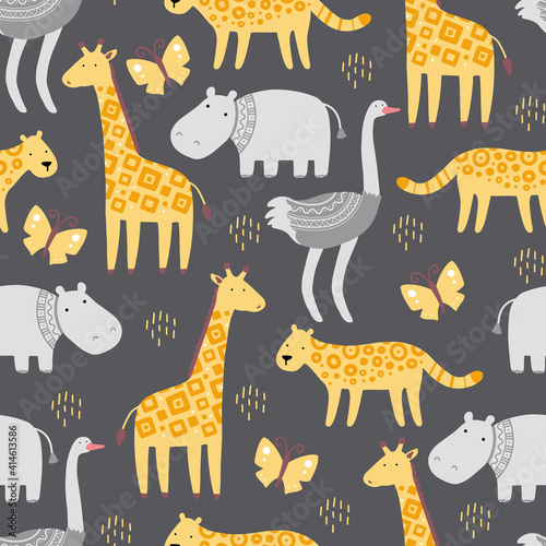 Seamless pattern with cute african zoo animals. Flat and simple design style for baby, children wallpaper, background, fabric illustration.