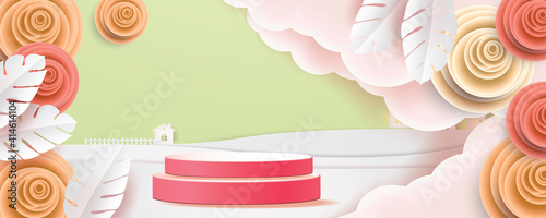 podium Spring green background with beautiful colorful paper art flower.template.banners. Wallpaper.flyers, invitation, posters, brochure, voucher discount.Vector illustration 
