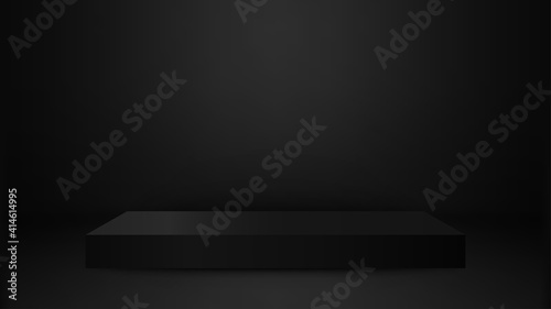Product showcase with black stand podium on dark room background. Use as montage for product display 