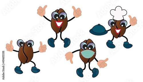 Set of cute coffee beans. Good-natured and cheerful, sick with coronavirus, displeased, sweet chef. Cute cartoon characters isolated on white background.Vector.