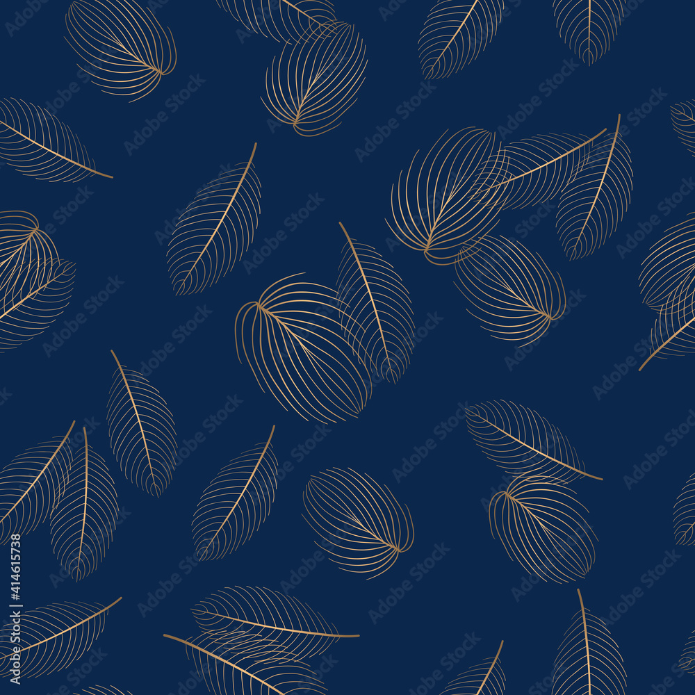 Seamless pattern with hand drawn gold  leaves for textile, wallpapers, gift wrap and scrapbook. Dark blue background. Vector illustration.