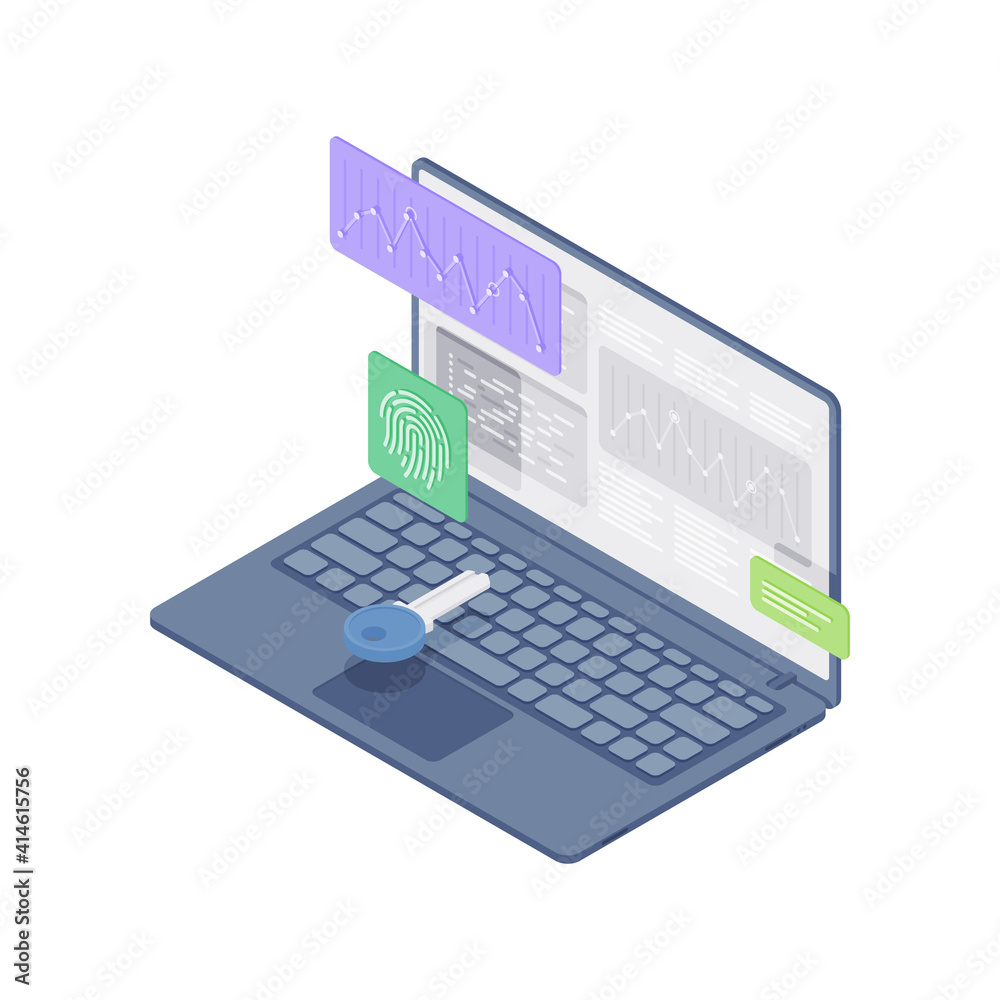 Cartoon laptop with security key and fingerprint Cartoon laptop with security key and fingerprint