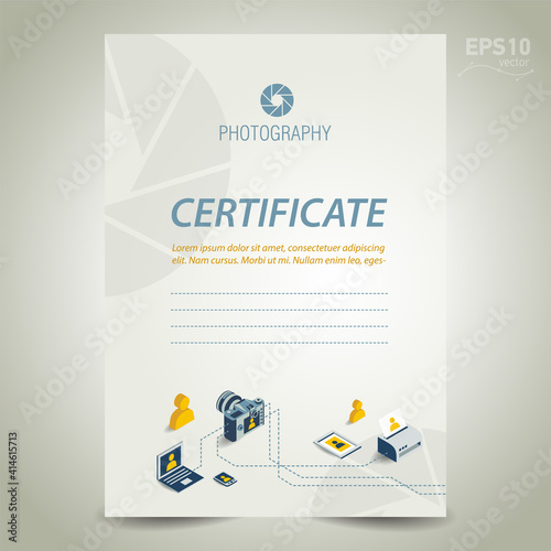 Photography certificate template design vector photo camera professional element icons