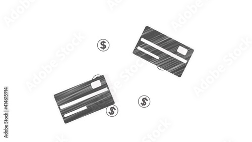 animation video, pencil sketch icon,
return of money to the card, cashbag,
black and white animated icon,
receipt of money on a plastic card,
movement of coins dollars, photo