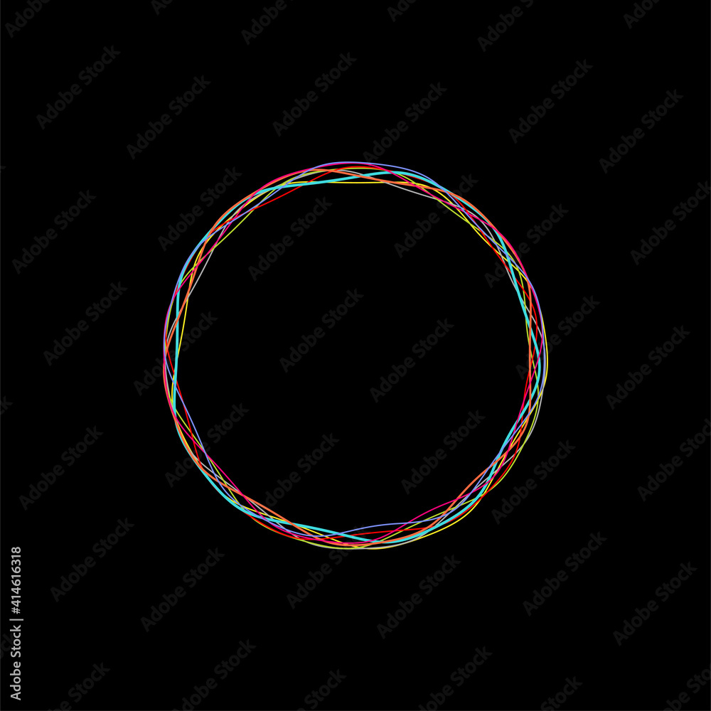 Abstract Circle Lines Frame. Colorful Circular Wires O Letter isolated on Black Background. Flat Vector Illustration Design Template Elements.