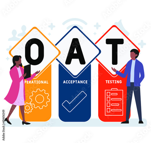 Flat design with people. OAT - Operational Acceptance Testing. acronym, business concept background.   Vector illustration for website banner, marketing materials, business presentation, online