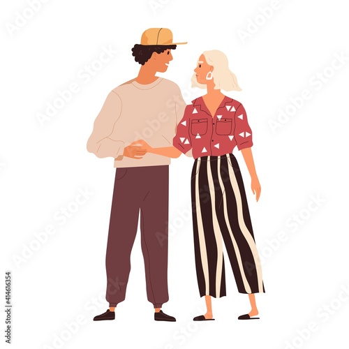 Happy romantic couple holding hands and looking at each other. Young modern man confessing his love to woman. Enamored boyfriend and girlfriend. Flat vector illustration isolated on white background