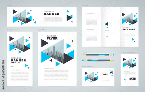 Triangle theme Corporate Set flyer cover, tri-fold, banner, roll up banner, business card blue color identity